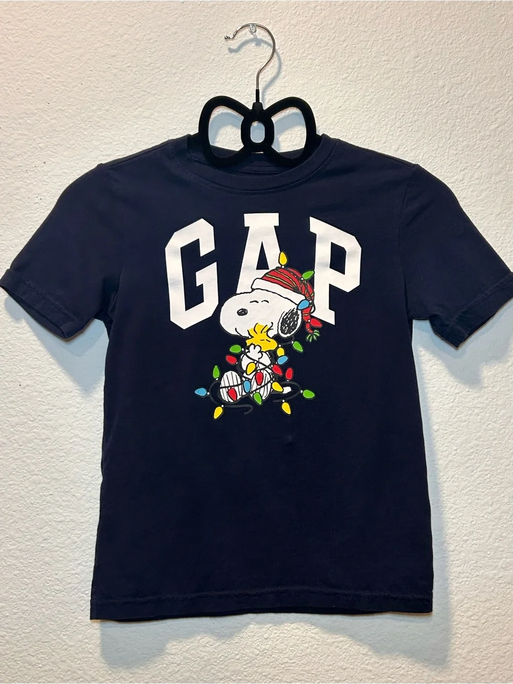 GAP Navy Snoopy & Woodstock Holiday Lights Tee